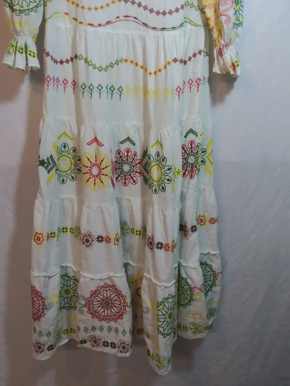 Zara Boho White Maxi Dress with Multicolor Embroidered Medallions Size XS